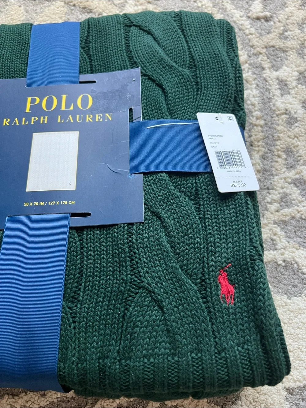 NEW❤️Ralph Lauren Cotton Forest Green Cable-Knit Blanket
